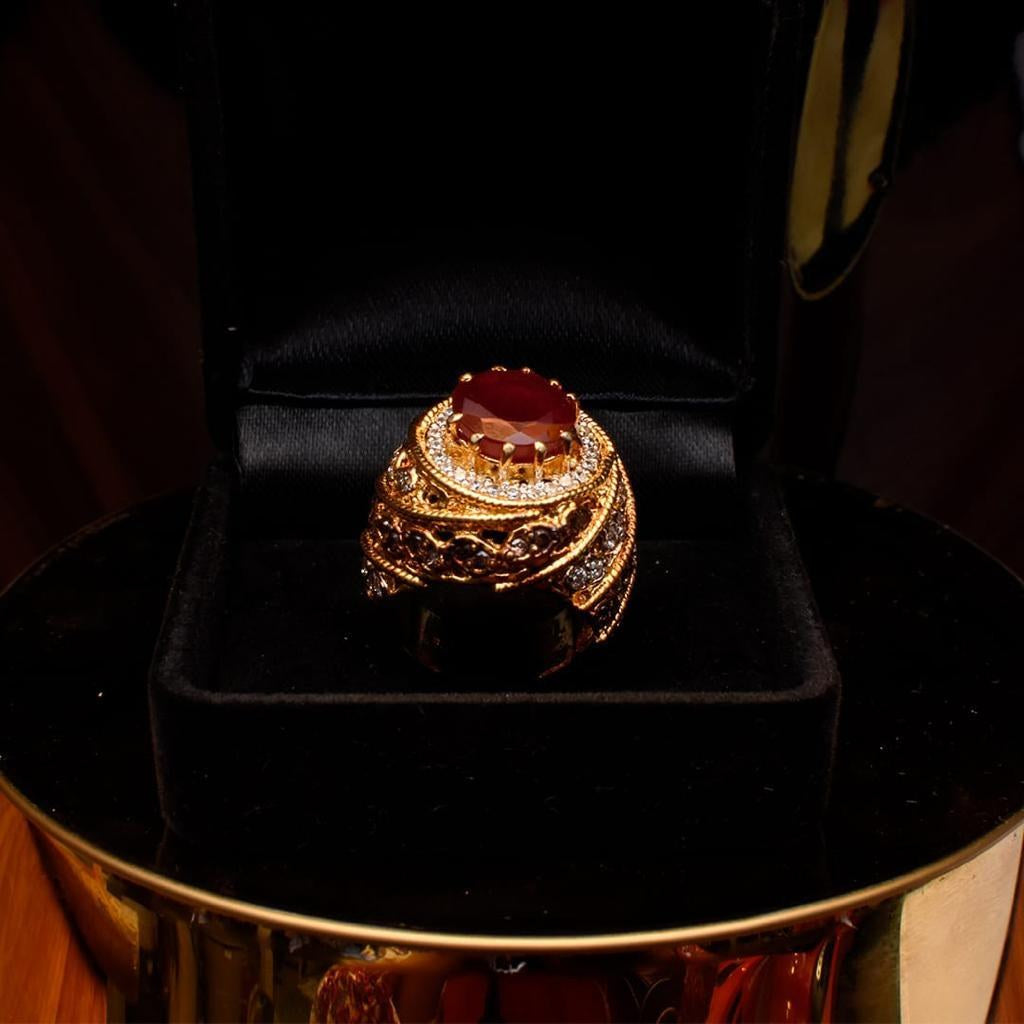 925 Silver Maroon Zircon Gold-Polish Dome Ring
