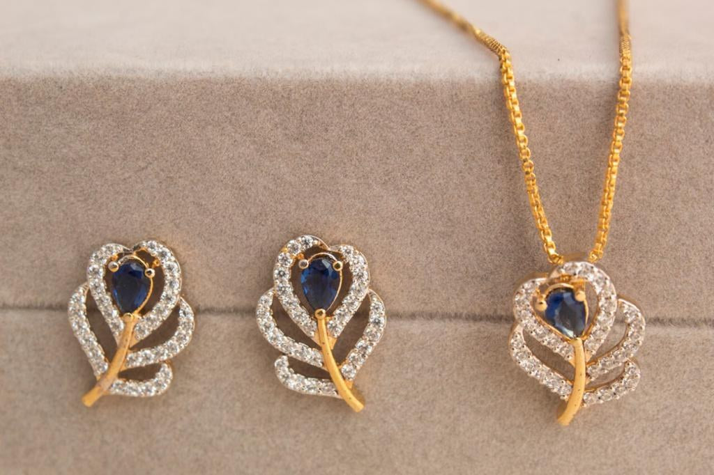 925 Silver Sapphire Zircon Feather Pendant Set