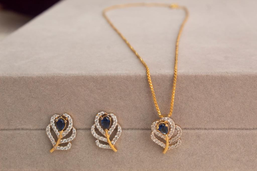 925 Silver Sapphire Zircon Feather Pendant Set
