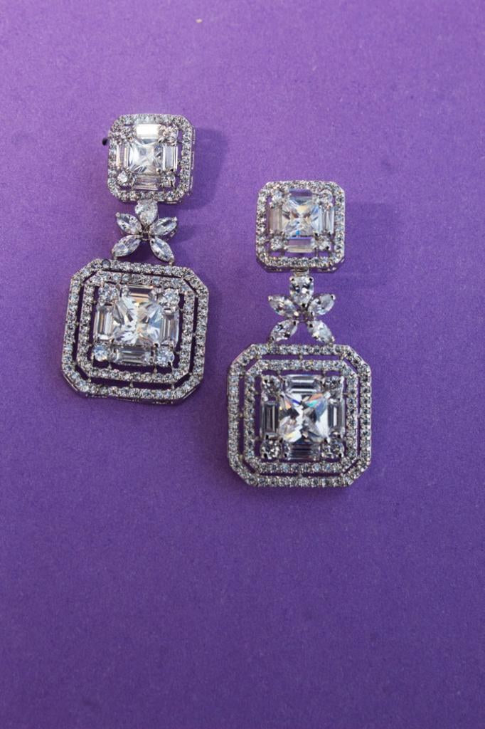 925 Silver Square Zircon Drop Earrings