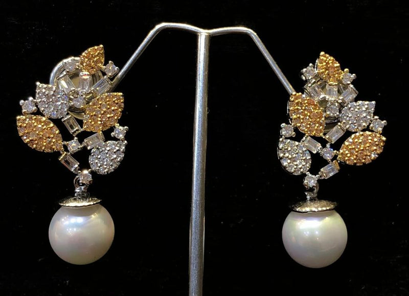 925 Silver Golden Zircon Leaf Pearl Drop Earrings