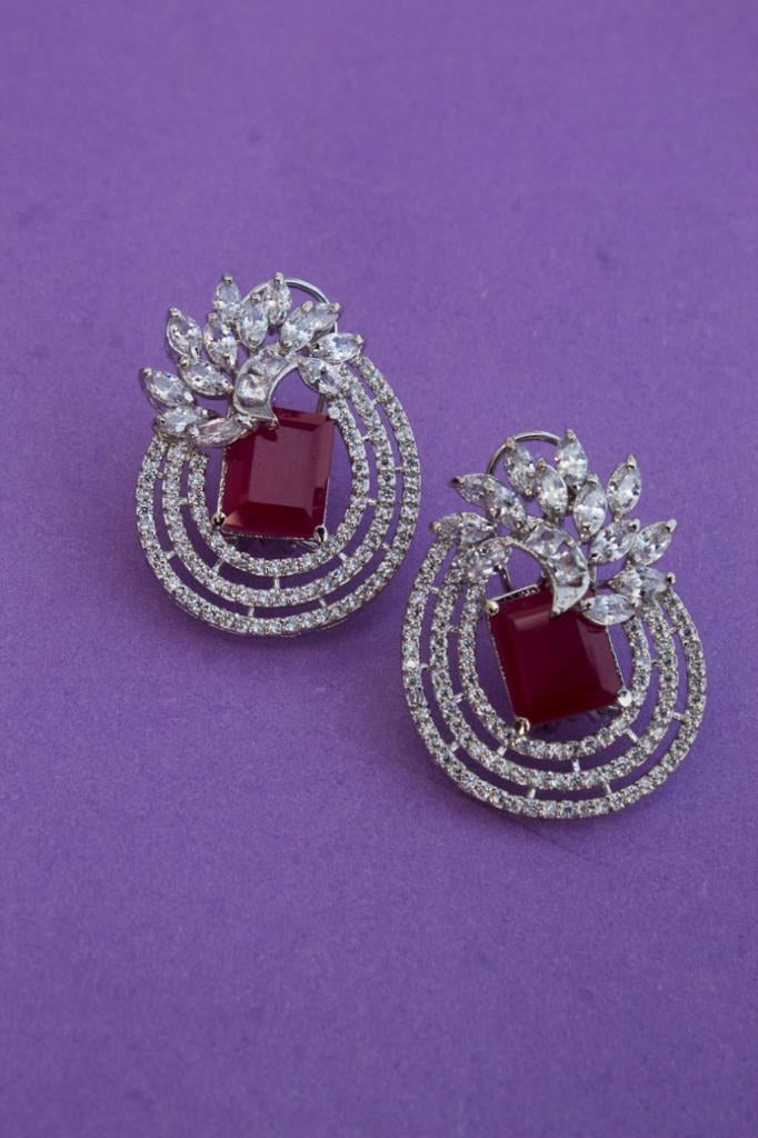 925 Silver Ruby Zircon Halo Stud Earrings