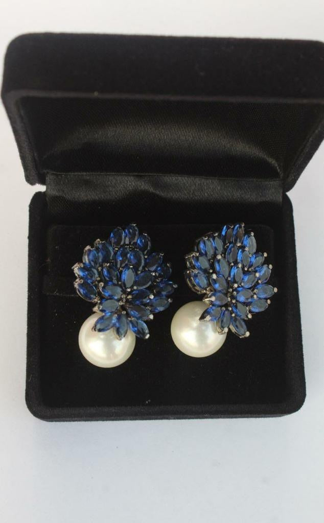 925 Silver Blue Zircon Pearl Stud Earrings
