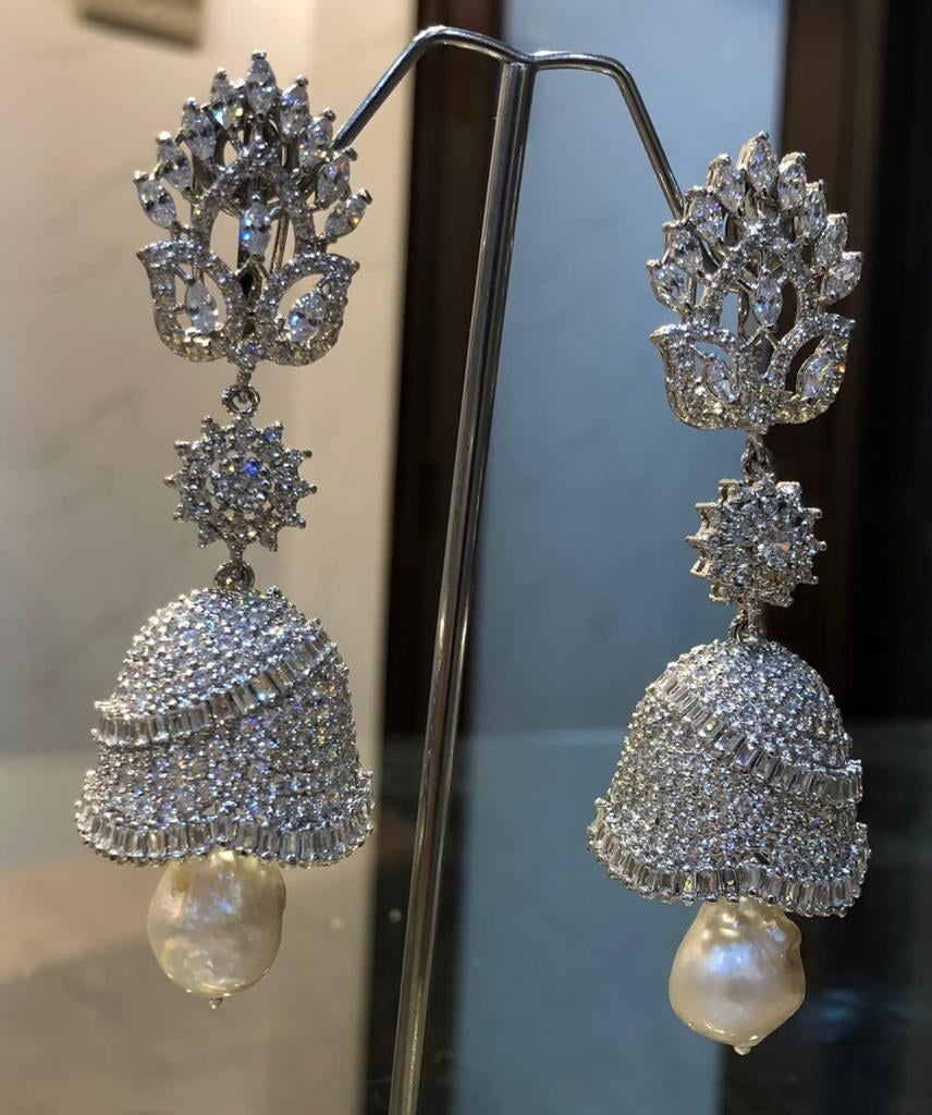 925 Silver Zircon Pearl Jhumka Earrings