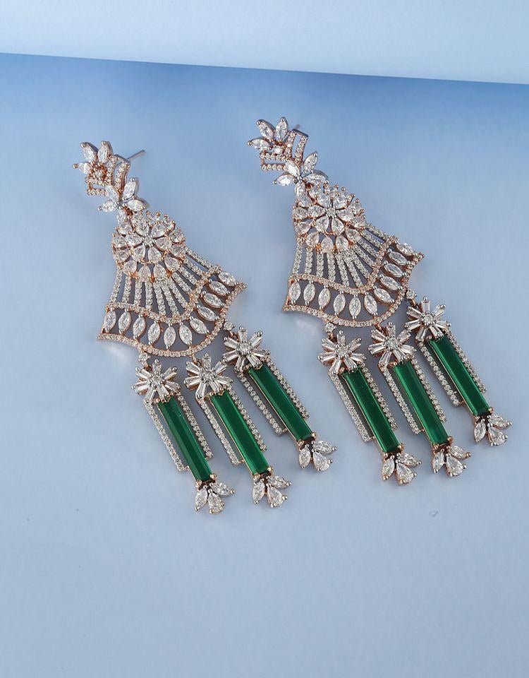 925 Silver Emerald Zircon Fringe Chandelier Earrings