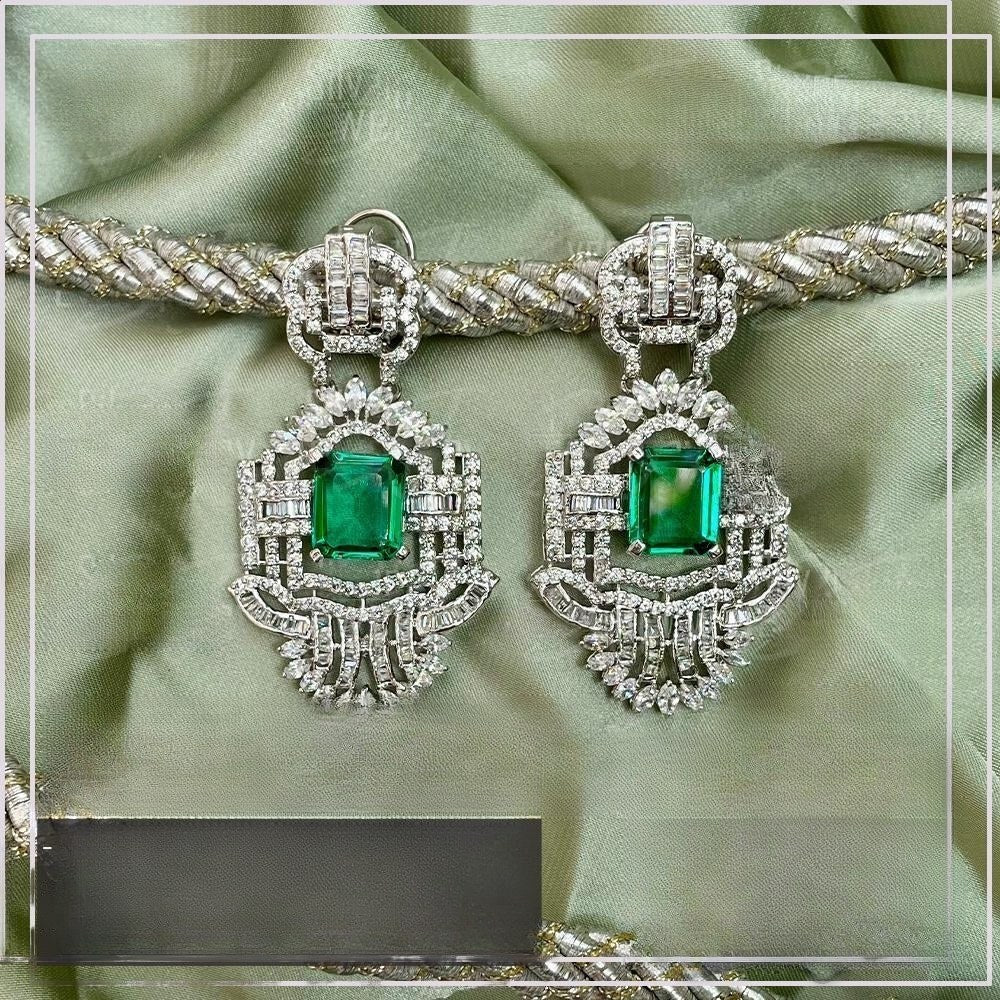 925 Silver Emerald Art Deco Drop Earrings
