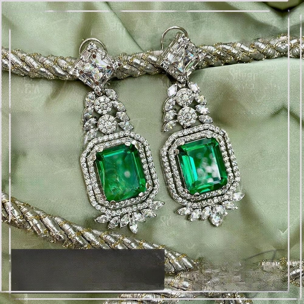 925 Silver Emerald Zircon Square Drop Earrings