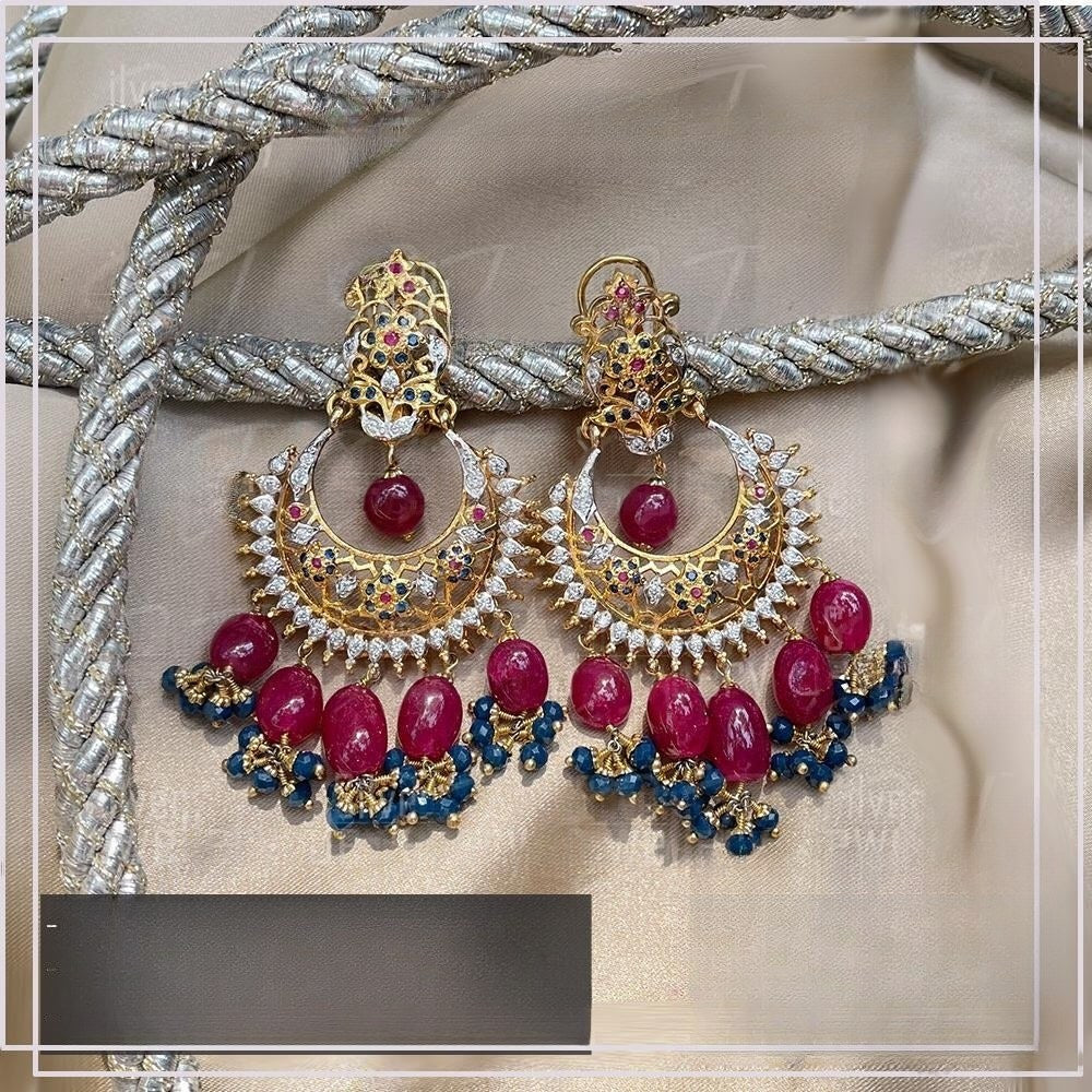 925 Silver Ruby Bead Chand Bali Earrings