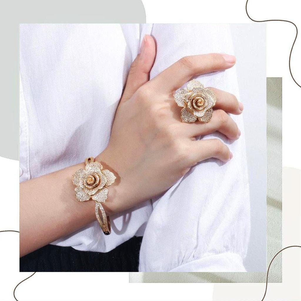 925 Silver Gold-Polish Zircon Rose Flower Ring