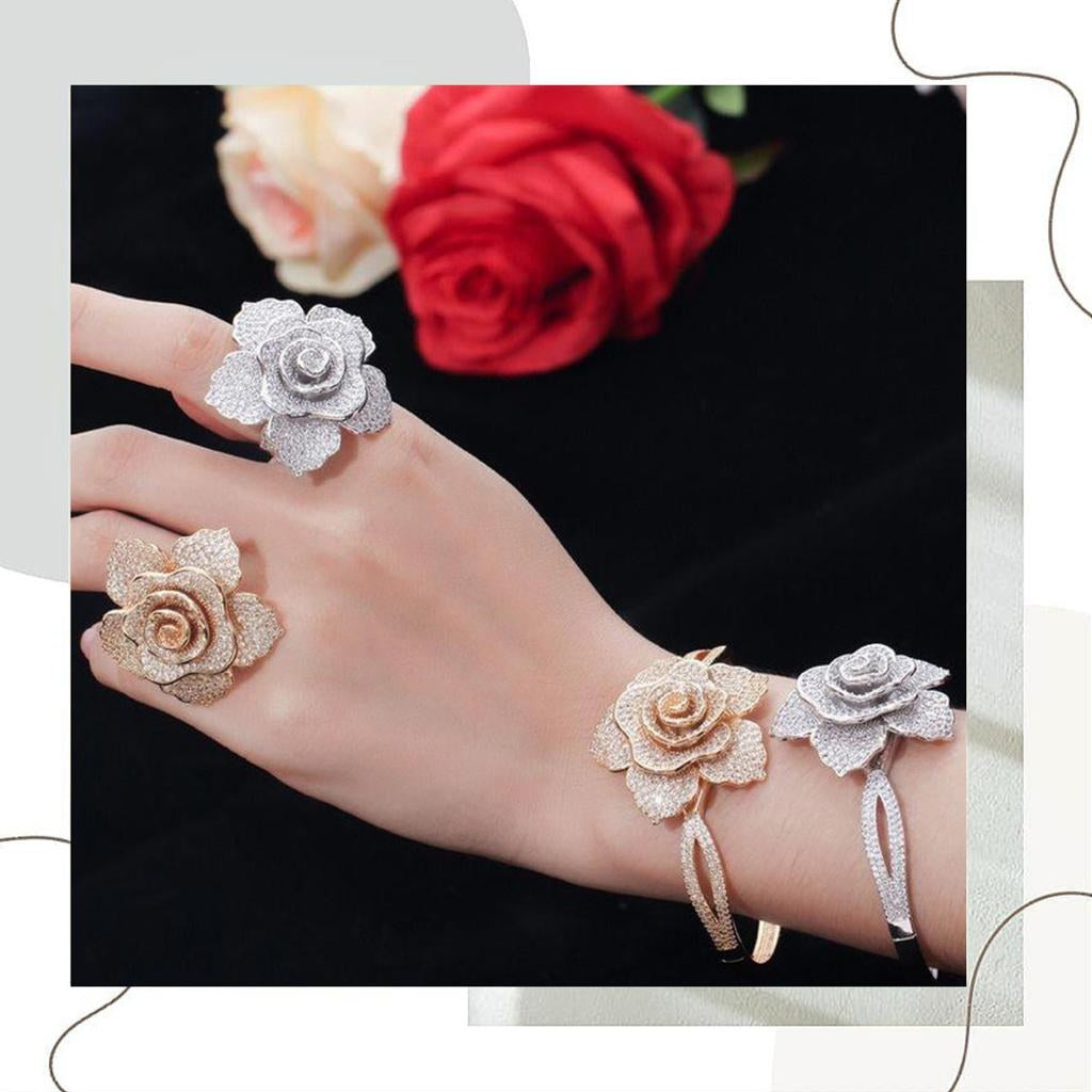 925 Silver Gold-Polish Zircon Rose Flower Ring