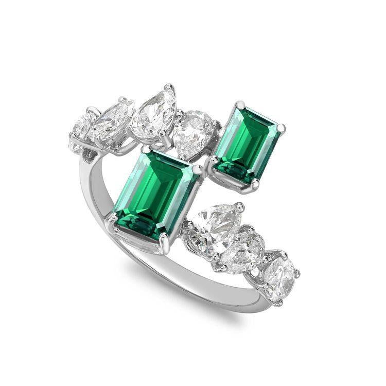 925 Silver Emerald Baguette Open Ring