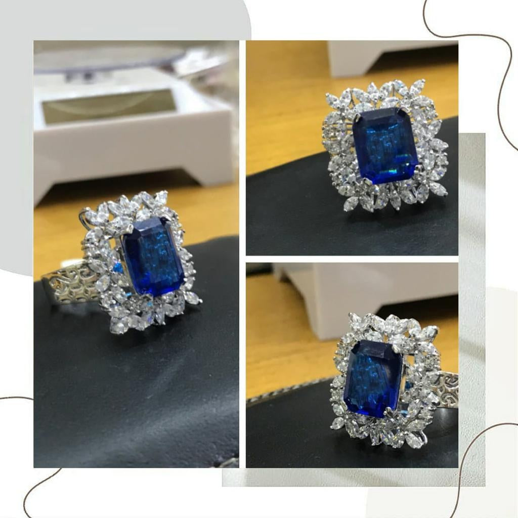 925 Silver Blue Zircon Square Halo Ring