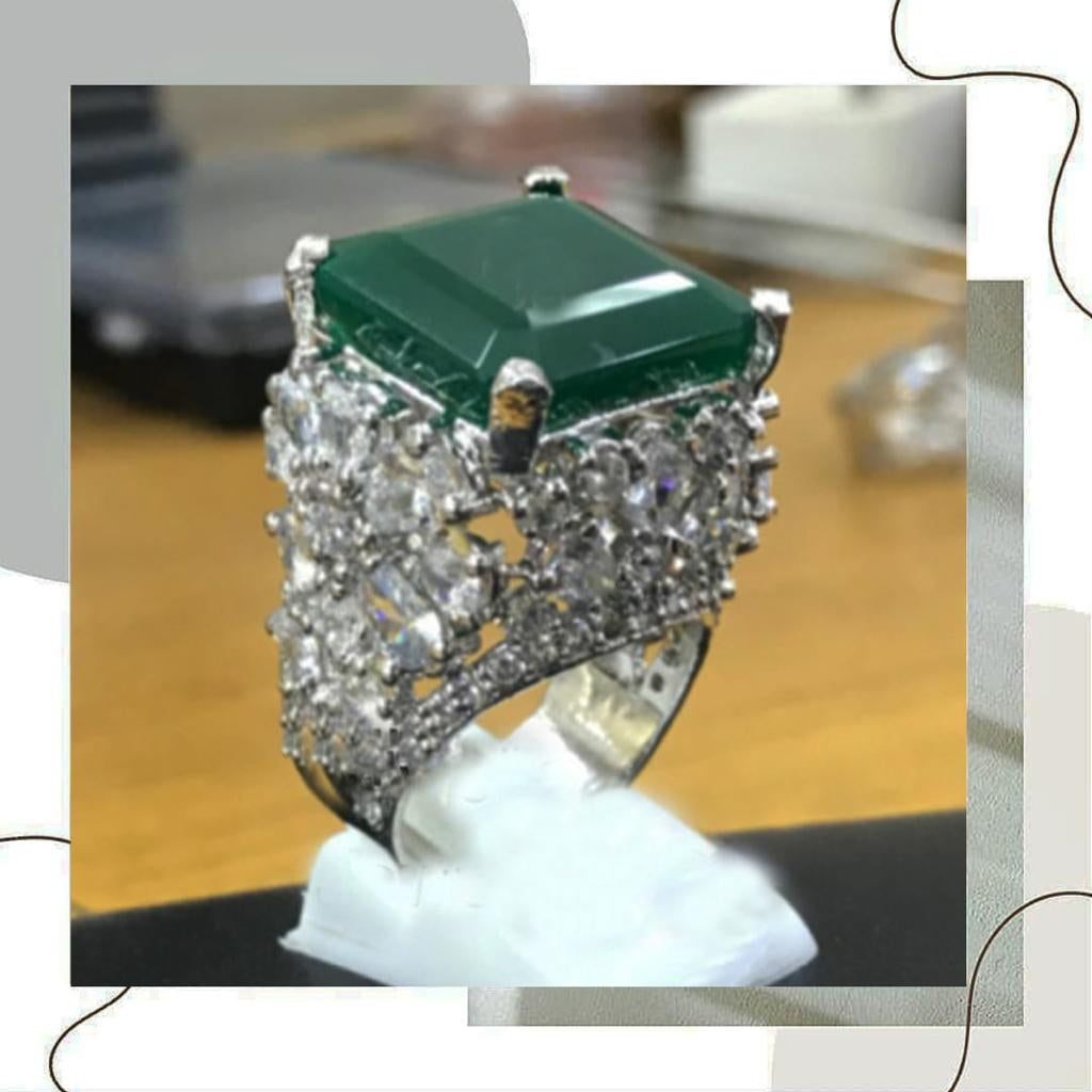925 Silver Dark Green Zircon Square Cocktail Ring