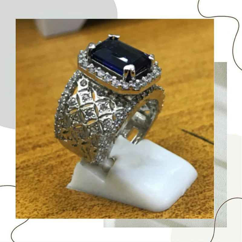 925 Silver Navy Blue Zircon Lattice Cocktail Ring