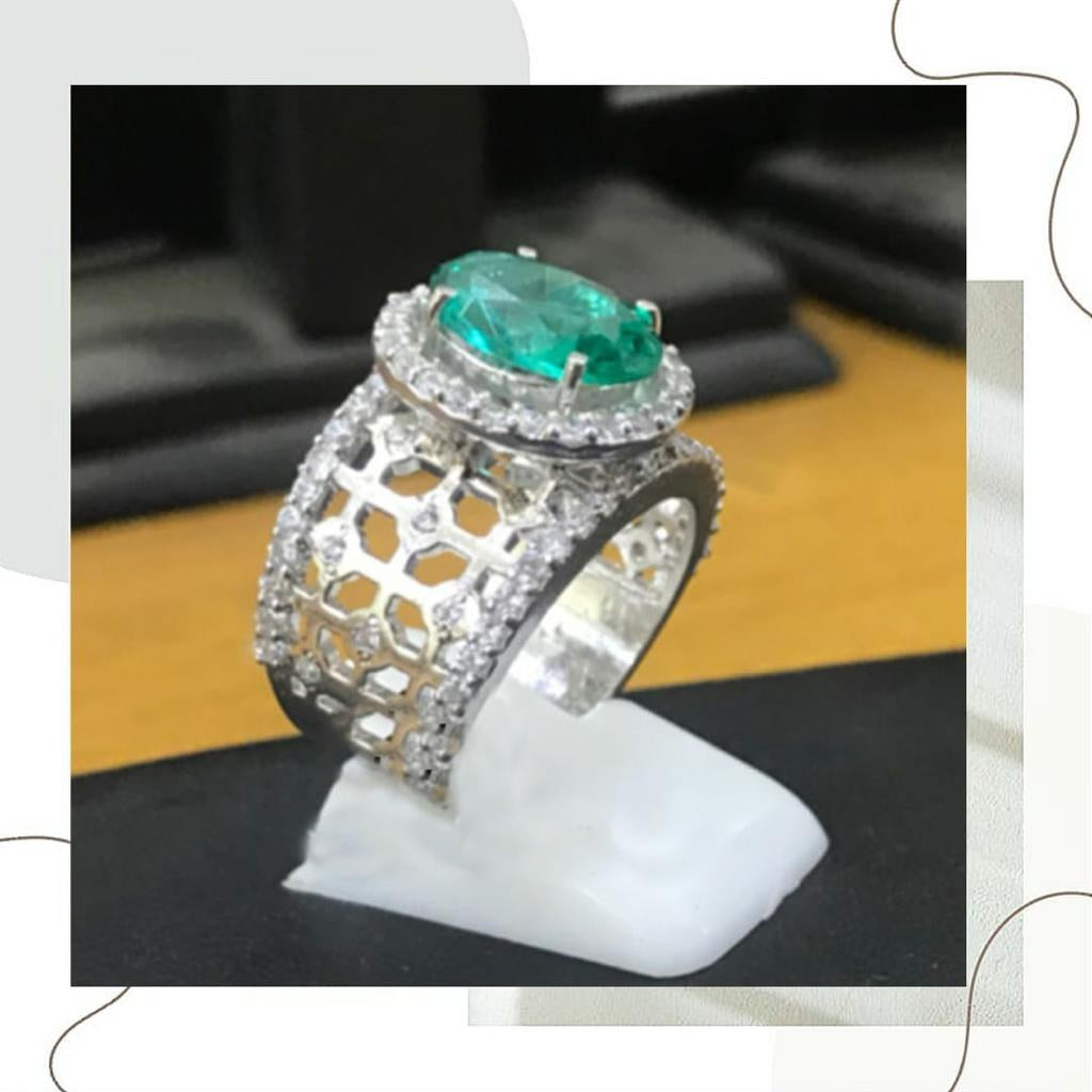925 Silver Sea Green Zircon Halo Lattice Ring