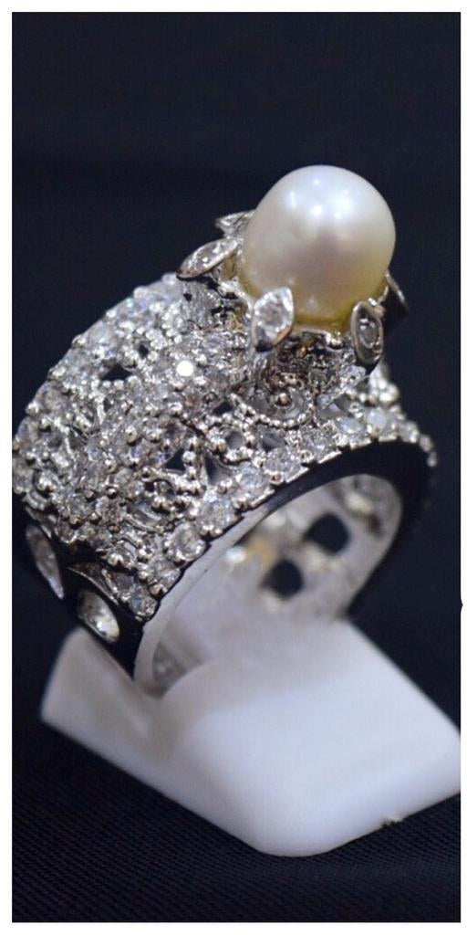 925 Silver White Zircon Pearl Pave Ring