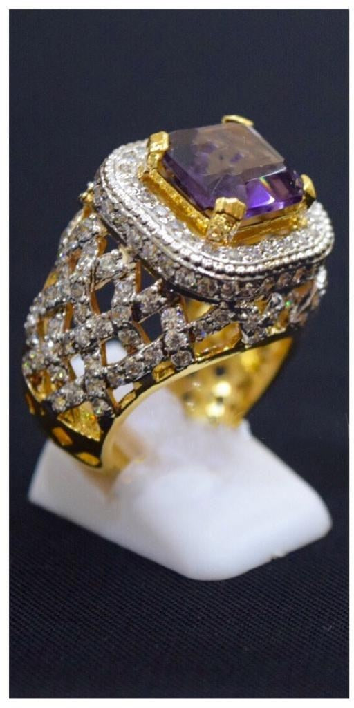 925 Silver Blue Zircon Gold-Polish Cocktail Ring