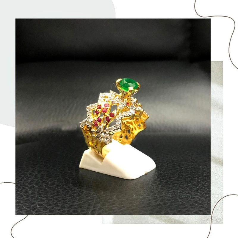 925 Silver Green Maroon Zircon Gold-Polish Floral Ring