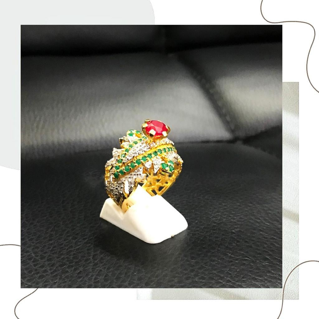 925 Silver Red Green Zircon Gold-Polish Floral Ring