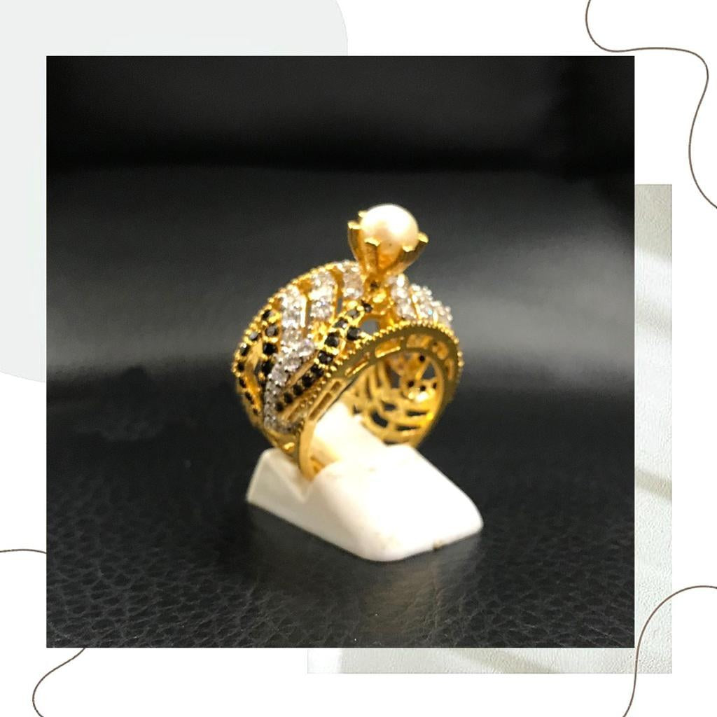 925 Silver White Black Zircon Gold-Polish Pearl Ring
