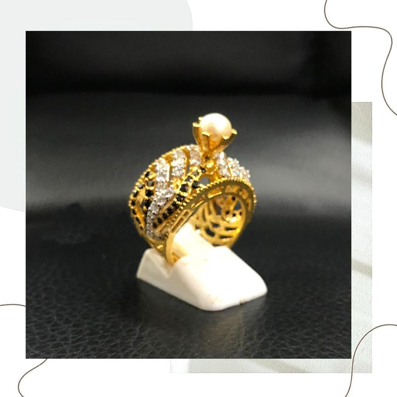925 Silver White Black Zircon Gold-Polish Pearl Ring