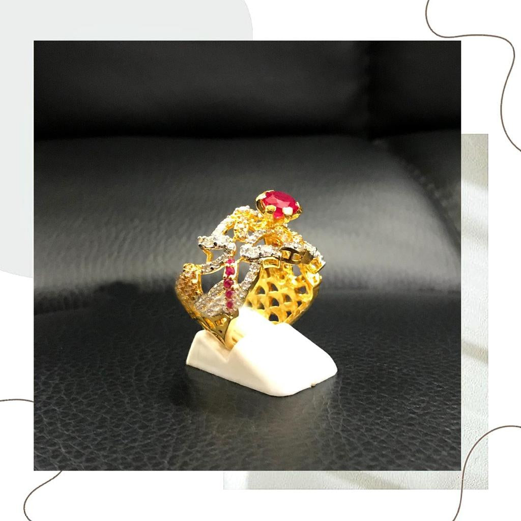 925 Silver Maroon Silver Stone Gold-Polish Floral Ring