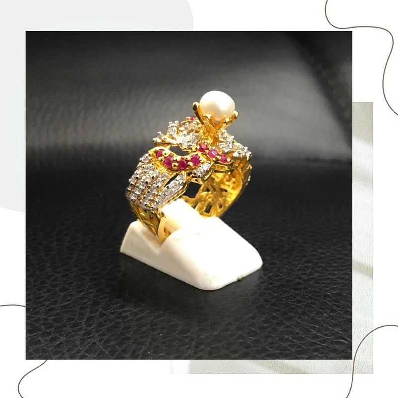 925 Silver White Maroon Zircon Pearl Floral Ring