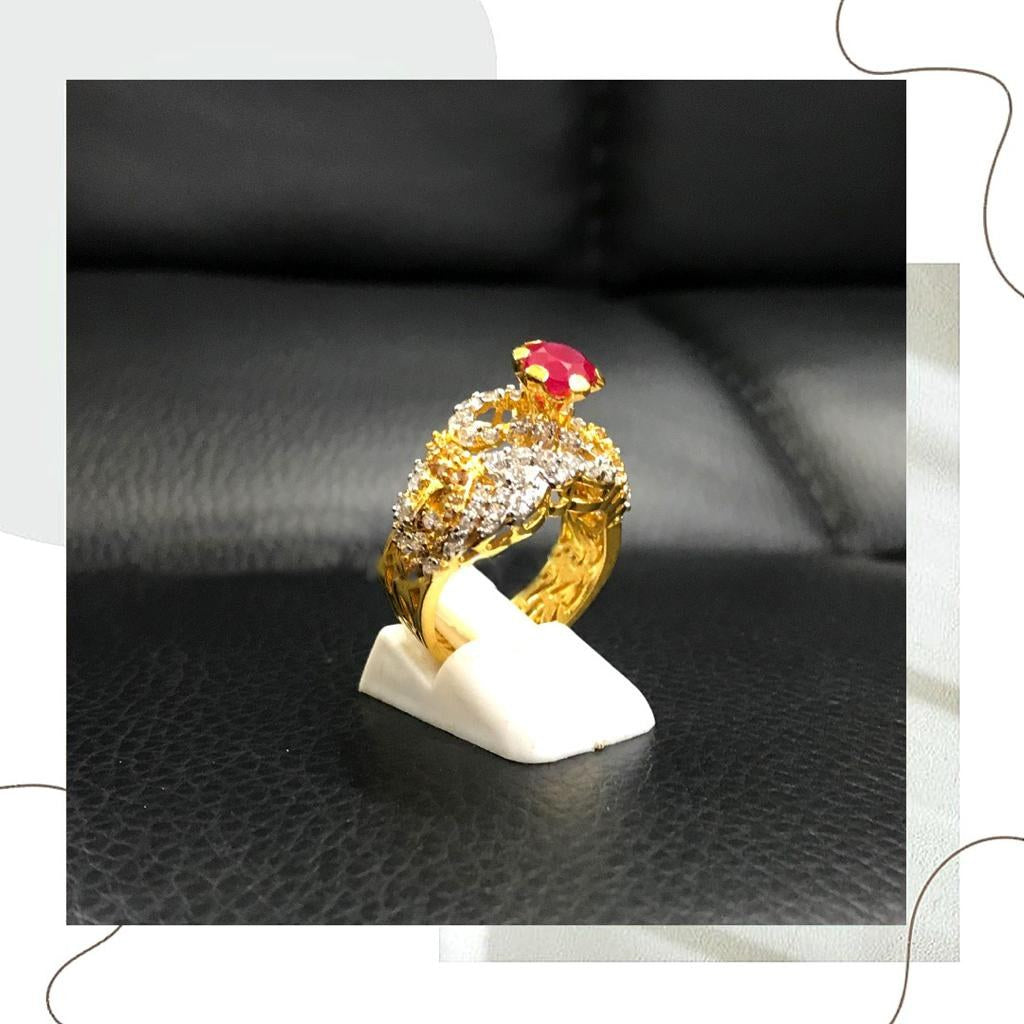 925 Silver Maroon Zircon Gold-Polish Floral Ring
