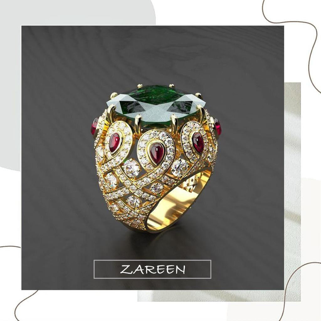 925 Silver Green Maroon Zircon Gold-Polish Dome Ring