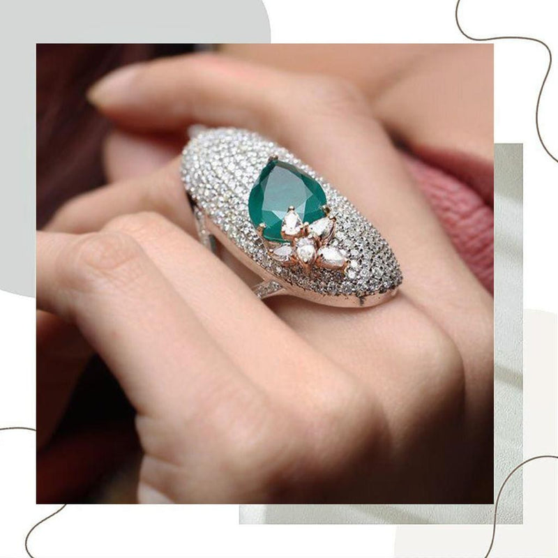 925 Silver Sea Green Zircon Pave Cocktail Ring
