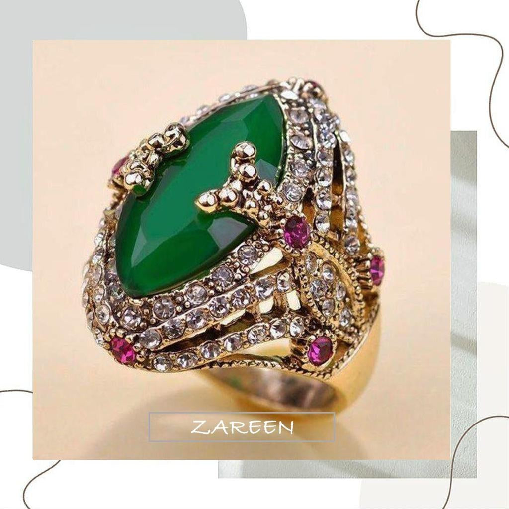 925 Silver Green Maroon Zircon Antique Cocktail Ring