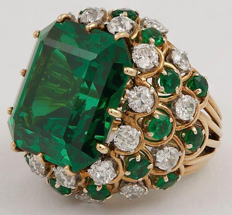 925 Silver Green Zircon Gold-Polish Statement Ring