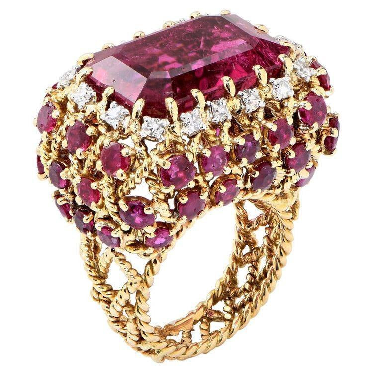 925 Silver Maroon Zircon Gold-Polish Statement Ring