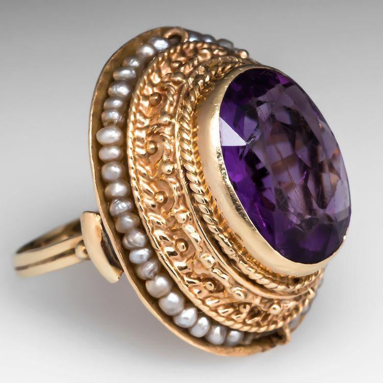925 Silver Purple Zircon Gold-Polish Pearl Ring