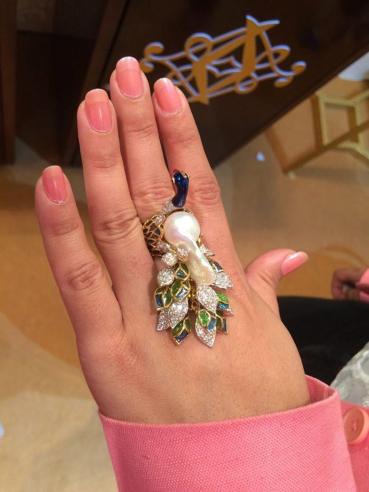 925 Silver Multicolour Zircon Pearl Peacock Ring