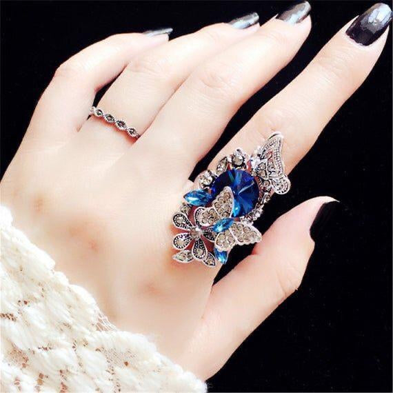 925 Silver Dark Blue Zircon Butterfly Ring