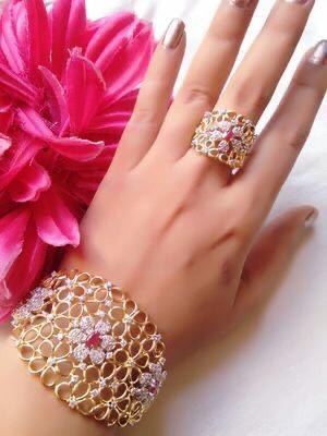 925 Silver Maroon Zircon Gold-Polish Floral Lattice Ring