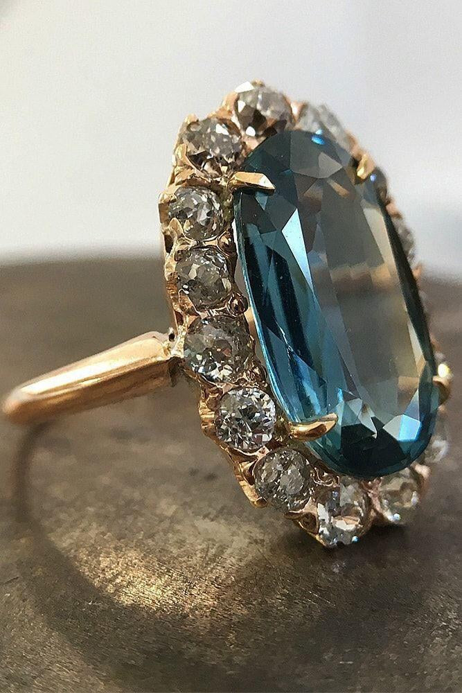 925 Silver Teal Blue Zircon Oval Halo Ring