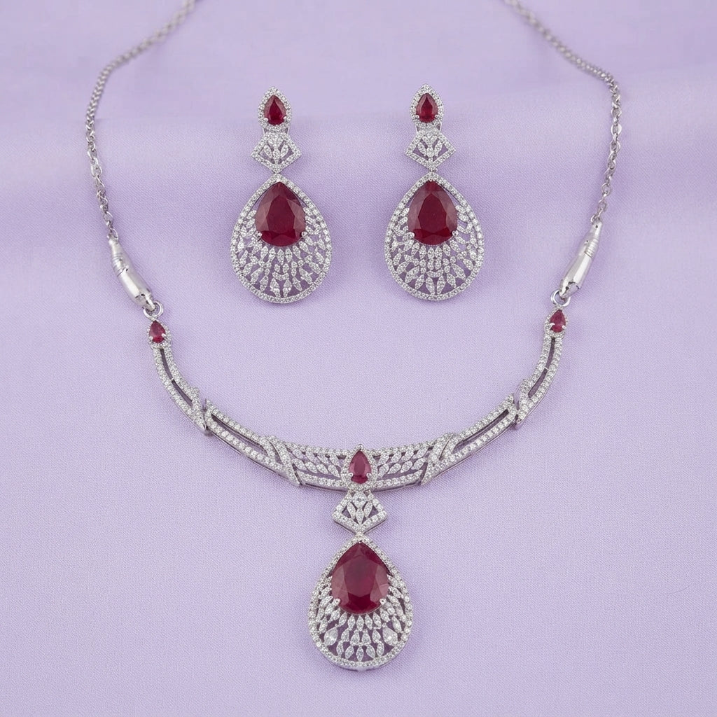 925 Silver Ruby Teardrop Necklace Set