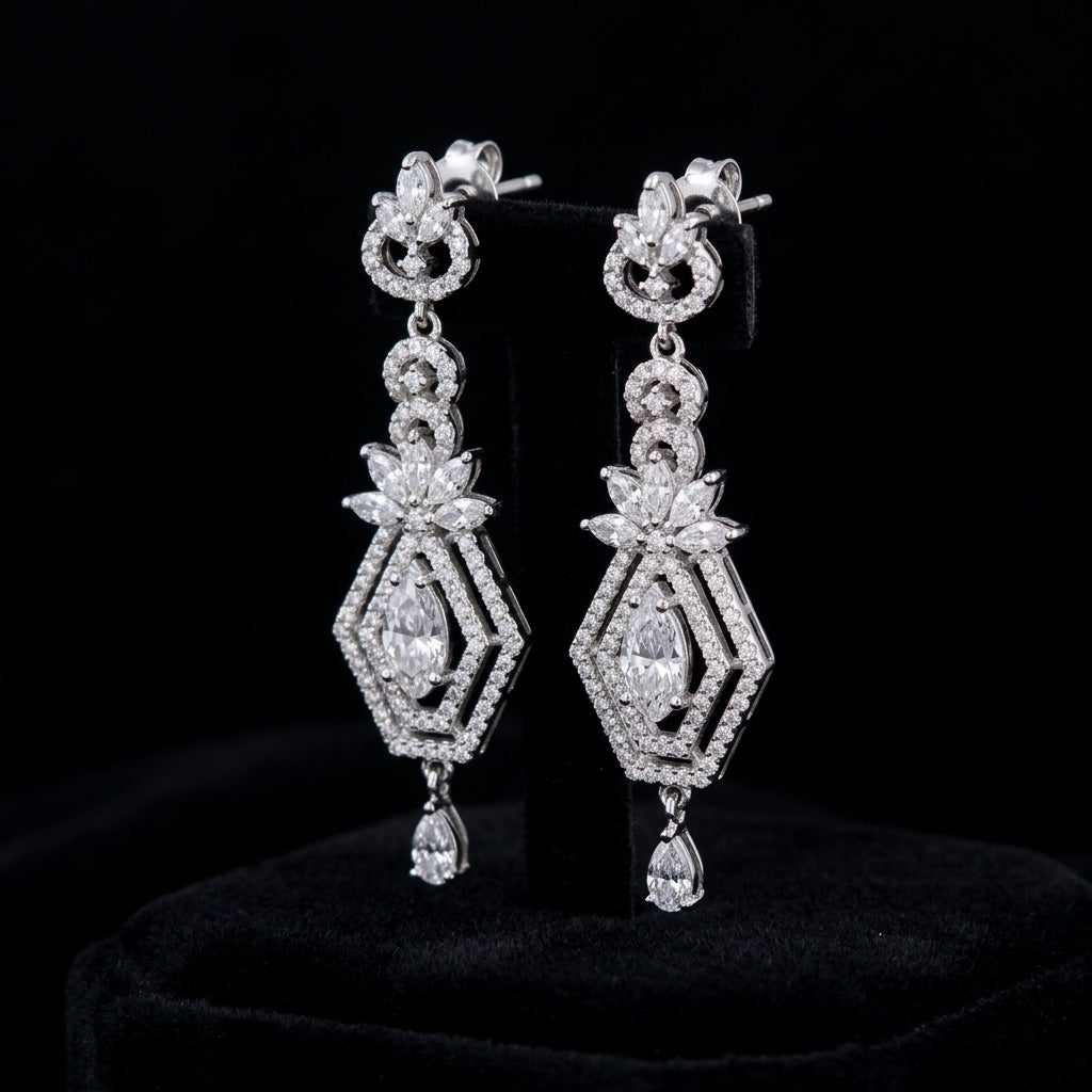 Silver Crystal Art Deco Drop Earrings