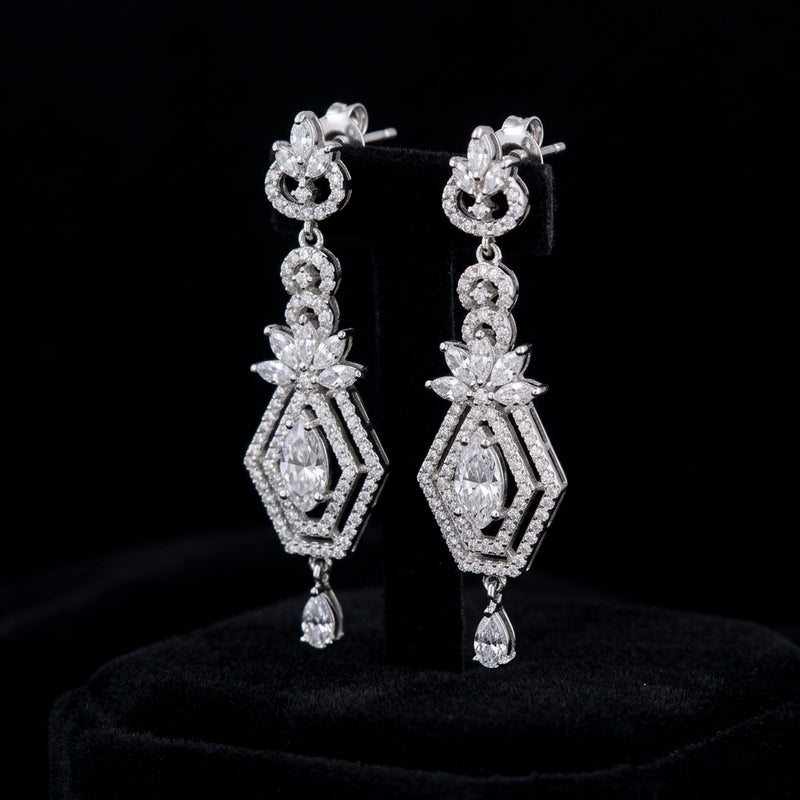 Silver Crystal Art Deco Drop Earrings