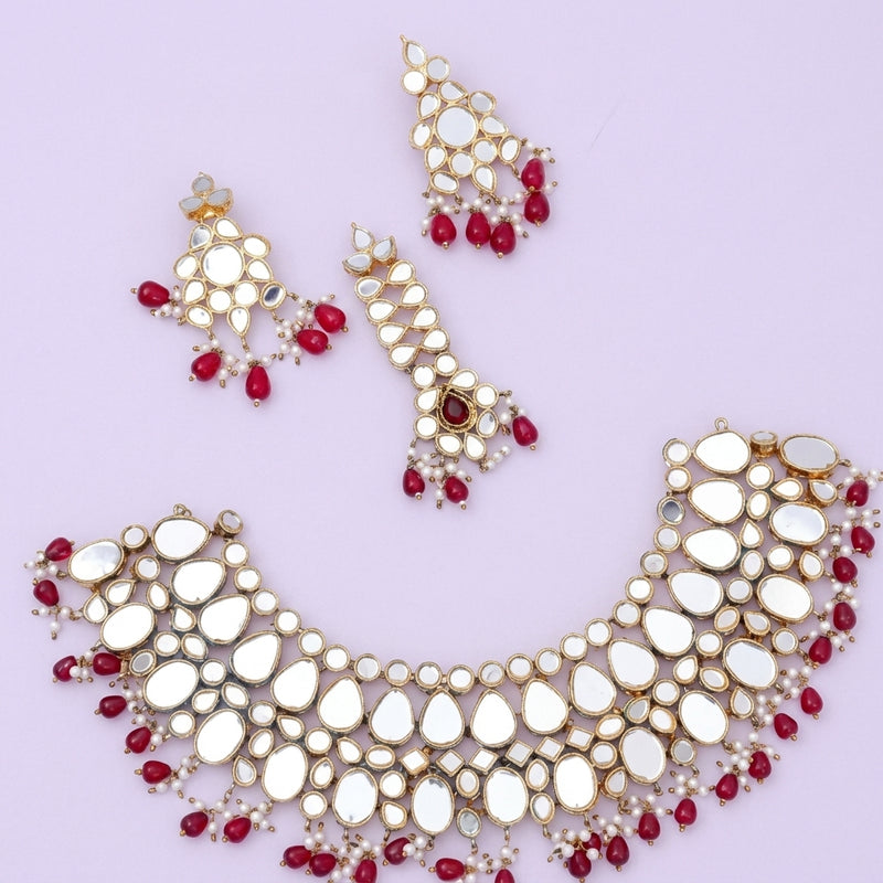 Ruby Mirror Kundan Bridal Choker Set with Tikka
