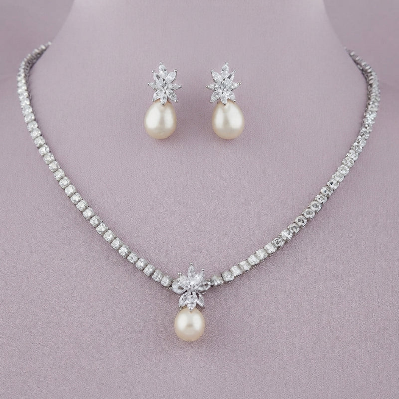 925 Silver Pearl Drop Tennis Necklace Set