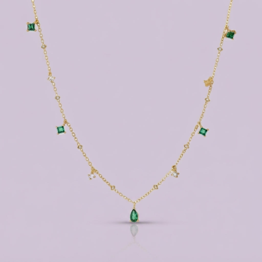 925 Silver Gold Emerald Station Necklace