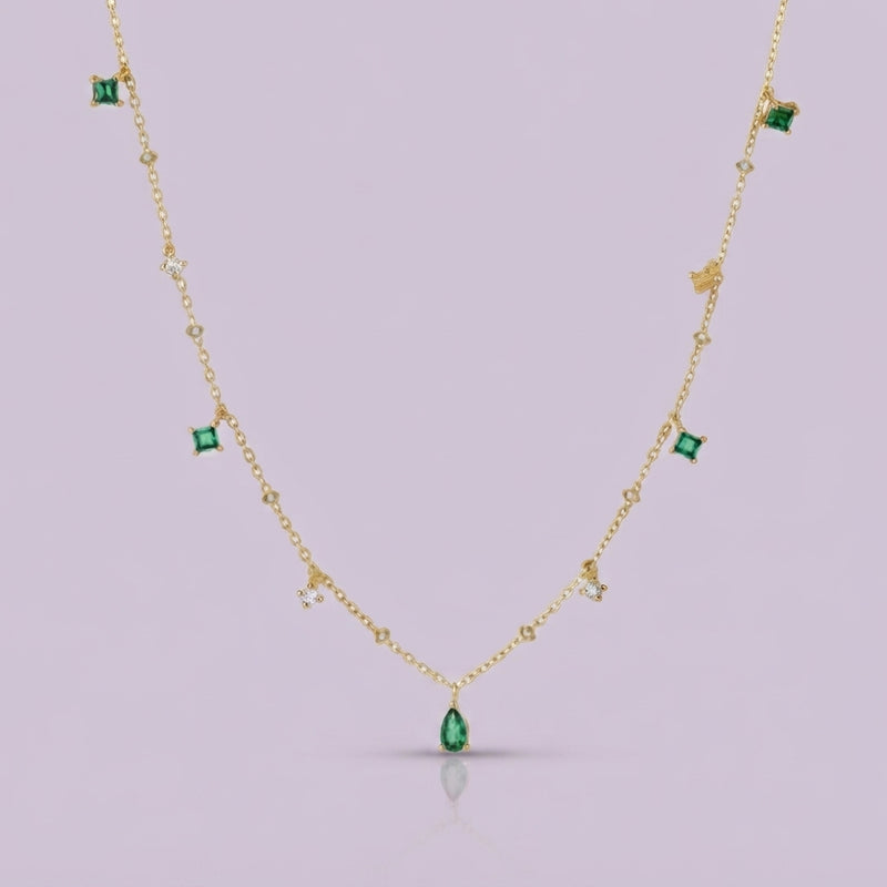 925 Silver Gold Emerald Station Necklace
