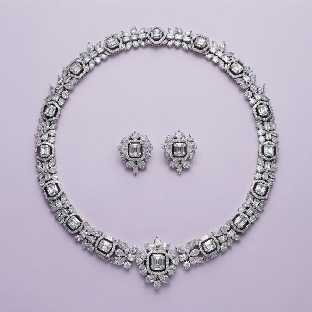 925 Silver Art Deco Crystal Necklace Set