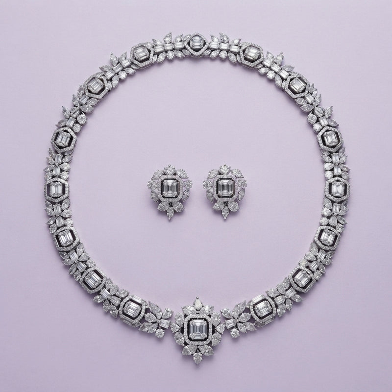 925 Silver Art Deco Crystal Necklace Set