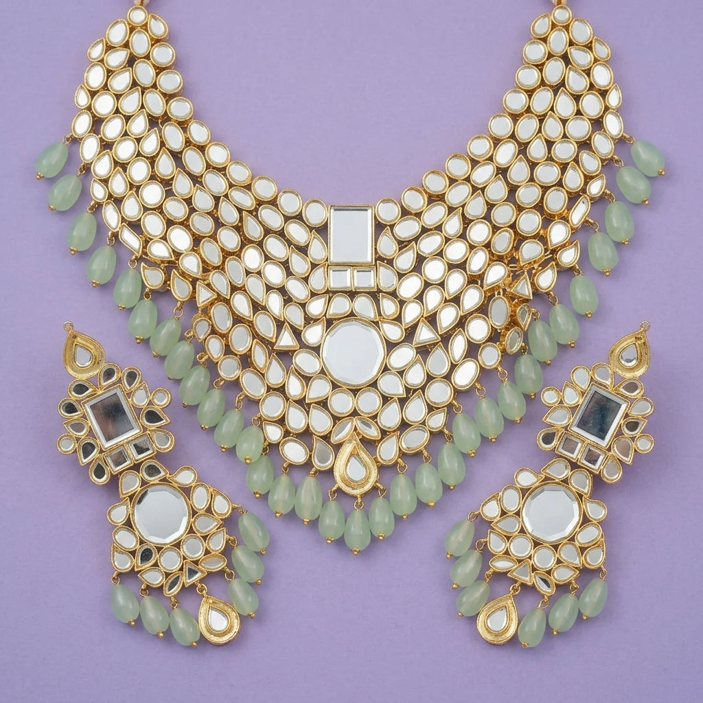 Mint Pearl Mirror Kundan Choker Set