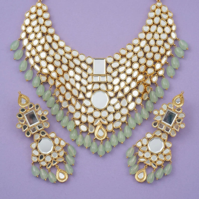 Mint Pearl Mirror Kundan Choker Set