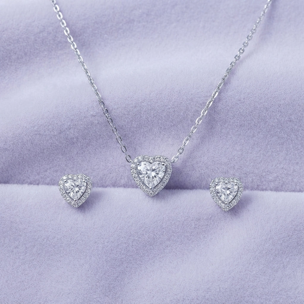 925 Silver Heart Halo Pendant Set